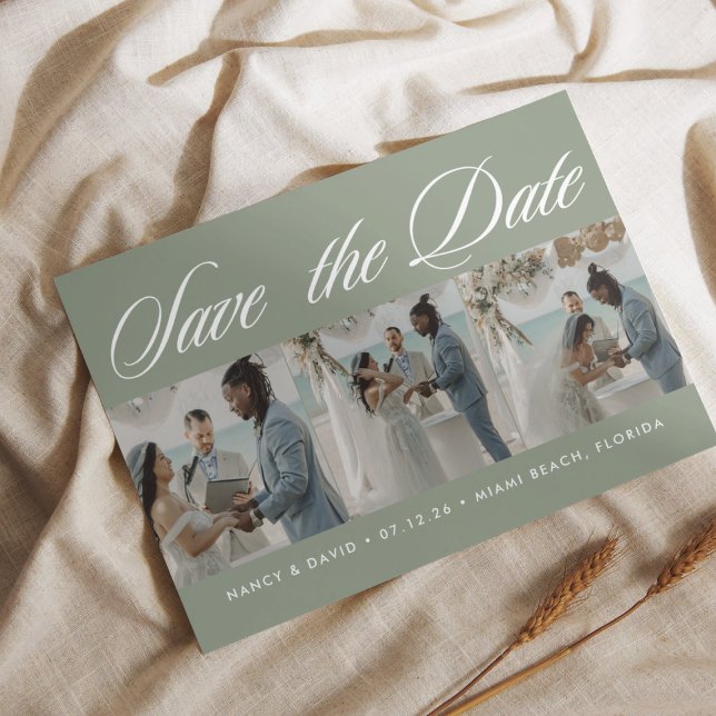 Skript Salbeigrün Foto Collage Strandhochzeit  Save The Date (Von Creator hochgeladen)