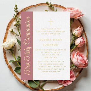 Skript Staubiges Rosa Mädchen Erste Kommunion Gold Folieneinladung