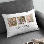 Skript Unser Familienname FotoCollage Lendenkissen<br><div class="desc">Kissen mit den Worten "Unsere Familie" in einem stilvollen Drehbuch mit 3 quadratischen Fotos nebeneinander auf der Vorder- und Rückseite angeordnet, sodass es insgesamt 6 Fotos, die Sie mit Ihren eigenen Fotos gegen einen weißen Hintergrund ersetzen können. Sie können auch Ihren Familiennamen und das festgestellte Jahr hinzufügen. Ideal für Wohngestaltung,...</div>