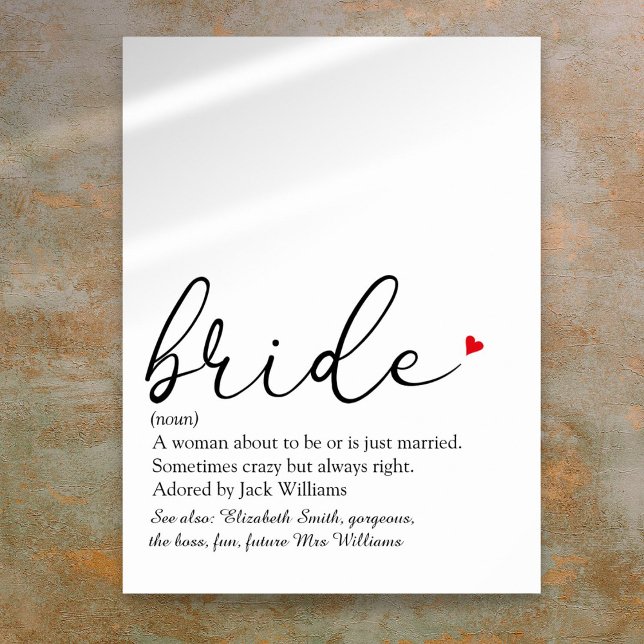 Skriptbriefe-Definition-Brautparty-Zeichen Poster (Script Bride Definition Bridal Shower Sign)
