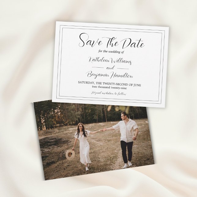 Skriptformale Schwarz-Weiß-Foto-Hochzeit Save The Date (Script Formal Black And White Photo Wedding Save The Date
)