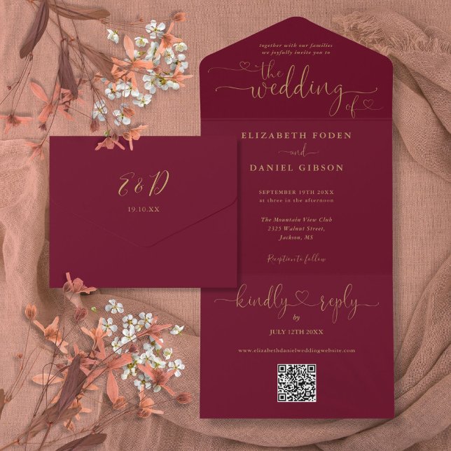 Skriptherzen Hochzeitsszenarien für Burgundy und G All In One Einladung (Script Hearts Burgundy And Gold QR Code Wedding All In One Invitation)