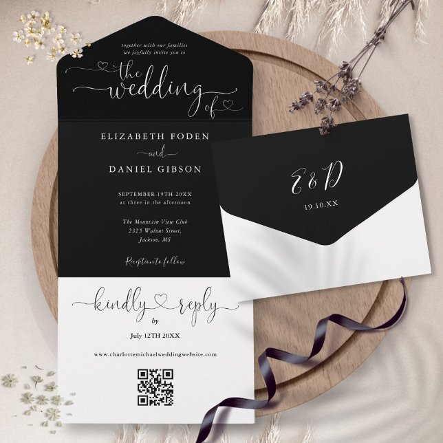Skriptherzen, schwarz und weiß QR-Code Hochzeiten All In One Einladung (Script Hearts Black And White QR Code Wedding All In One Invitation)