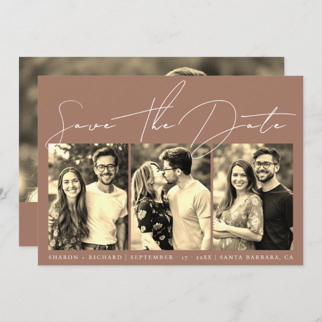 Skriptkalligraphie 3 sepia Foto Collage mocha Save The Date (Vorne/Hinten)