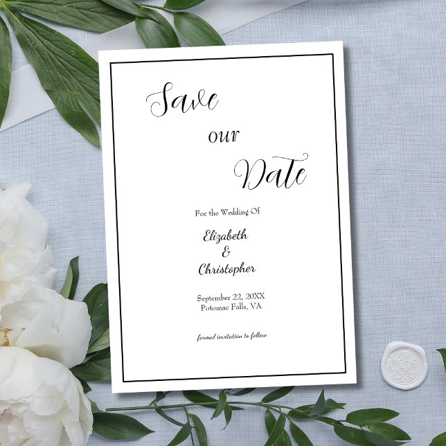 Skriptkalligraphie - Formale traditionelle Hochzei Save The Date (Black White Calligraphy Script Minimalist Modern Elegant  Wedding Save the Date Card)