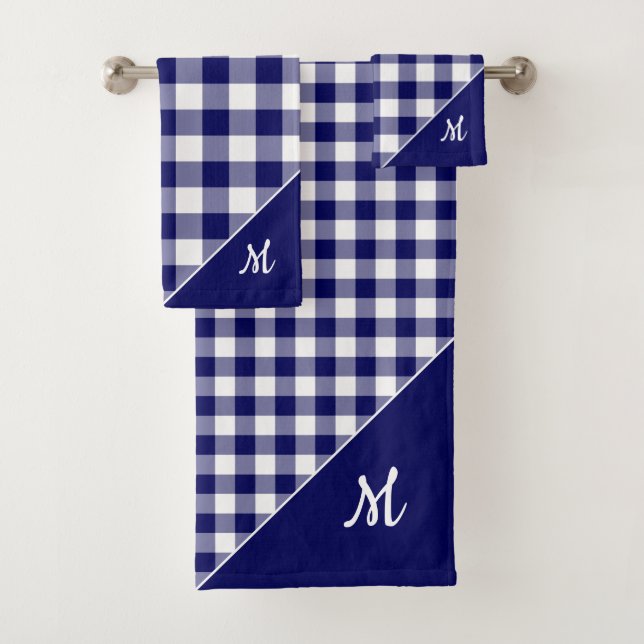 Skriptmonogramm Navy Blue Checked Muster Badhandtuch Set (Insitu)