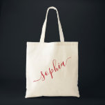 Skriptname Red Personalisiert Modern Einfach Tragetasche<br><div class="desc">Chic roter, personalisiert beschriftet, wieder verwendbare Leinwand Tote Tasche mit individuelle Name für Bräunungsgeschenke, Junggeselinnen-Abschiede, Geburtstagsfavoriten, Mädchen Ausflug Keepsakes, und Abschluss Geschenk für niedliche Uni und Schlafzimmer Lagerung. Ideal für Sport- und Hobby-Equipment Lagerung und Transport. Farben und Schriftart können bearbeitet werden, klicken Sie einfach auf "Weitere Anpassung", um den Vorlageneditor...</div>