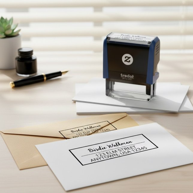 Skriptname und Rücksendeadresse Briefmarke mit Bor Permastempel (elegant personal stationery stamp, script name stamp with border, simple typography address stamp)