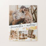 Skriptnamen 4 Foto Collage Grid Blumenhochzeit Puzzle<br><div class="desc">Moderne Liebe Namen 4 Foto Collage Grid Hochzeitsnacht,  fügen Sie Ihre Fotos mit einer eleganten Skripttypografie mit gelben,  braunen und staubigen rosa Blume</div>