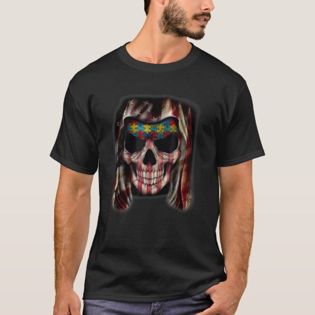 Skull American Flag Autismus Awareness T-Shirt Mam (Vorderseite)