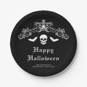 Skull and Bats Gothic Happy Halloween Black Pappteller