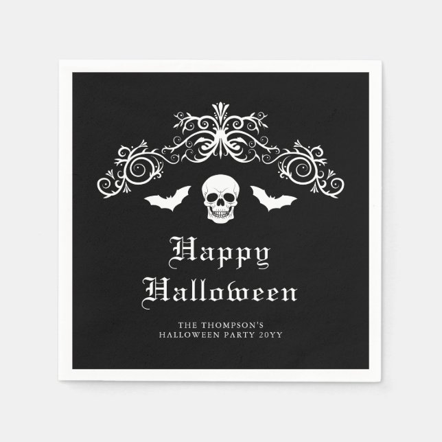 Skull and Bats Gothic Happy Halloween Black Serviette (Vorderseite)