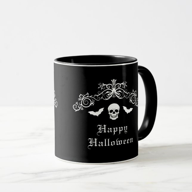 Skull and Bats Gothic Happy Halloween Black Tasse (VorderseiteRechts)