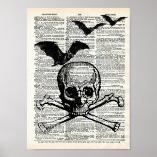 Skull and Bats Halloween Dictionary Art Print Poster