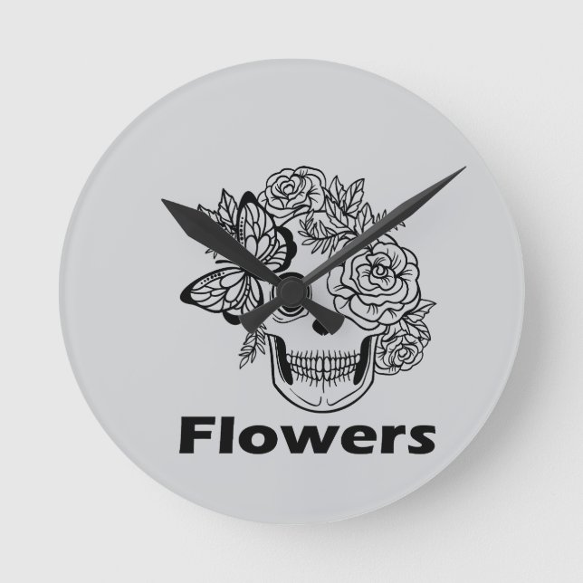 Skull and Flowers black and white Runde Wanduhr (Vorderseite)