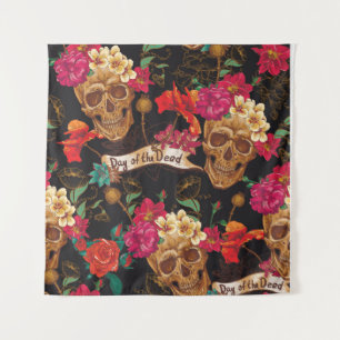 Skull and Flowers Day of The Dead Seamless Backgro Wandteppich