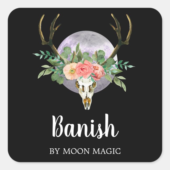 Skull and Moon Intention Candle Labels Quadratischer Aufkleber (Vorderseite)