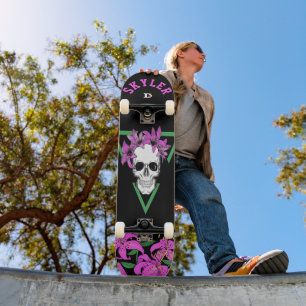 Skull and Pink Tiger Lilies on Black D Brand Skateboard