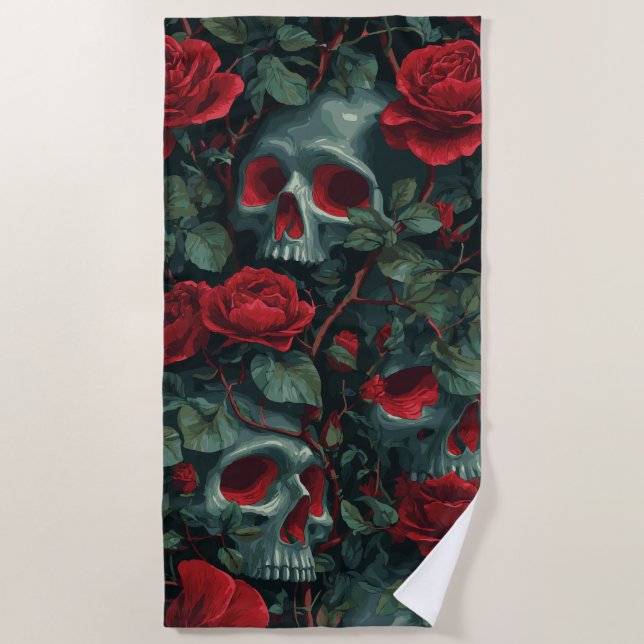 Skull and Red Roses Pattern – Dark Floral Design Strandtuch (Vorderseite)