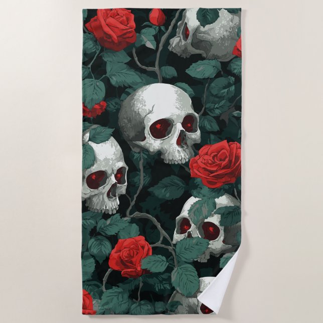Skull and Red Roses Pattern – Dark Gothic Art Strandtuch (Vorderseite)