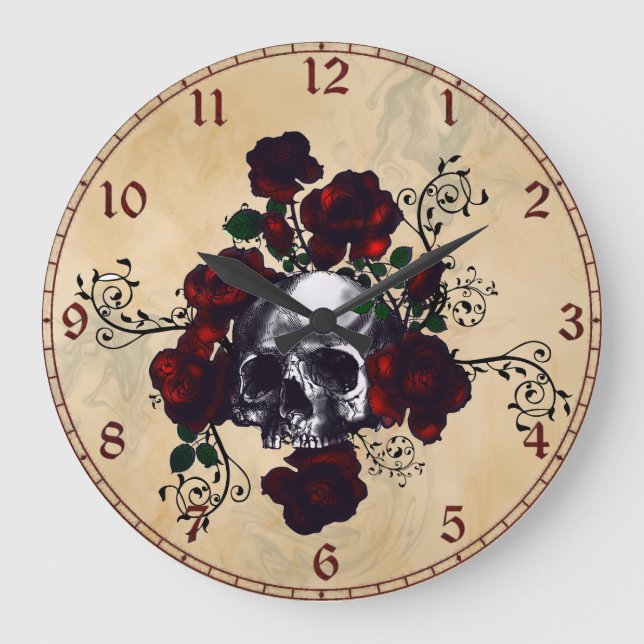 Skull and Roses Tattoo Style Goth Art Große Wanduhr (Vorderseite)