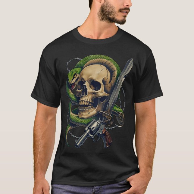 Skull and Snake Warrior - Dark Gothic Gunslinger T-Shirt (Vorderseite)