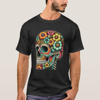 Skull Art Flowers Graphic Colorful Motif Linie T-Shirt