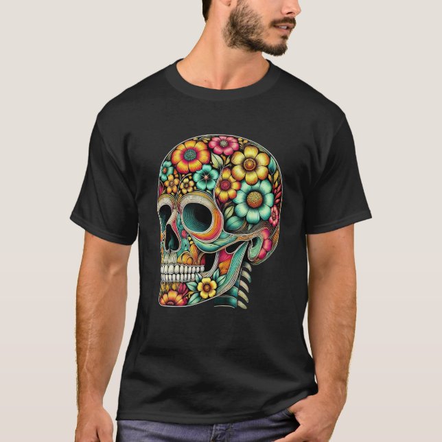 Skull Art Flowers Graphic Colorful Motif Linie T-Shirt (Vorderseite)