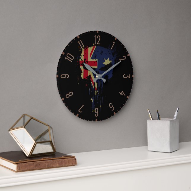 Skull Australian Flag Black Große Wanduhr (Büro)
