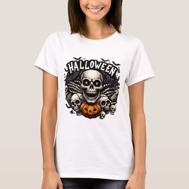 Skull & Bats Halloween Frame Pumpkin T-Shirt (Vorderseite)