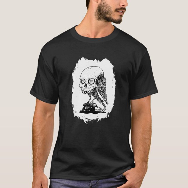 Skull Bird Stehend auf einem Rotary-Telefon T-Shirt (Vorderseite)