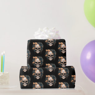 Skull Black and Gold Blume Muster Halloween Geschenkpapier