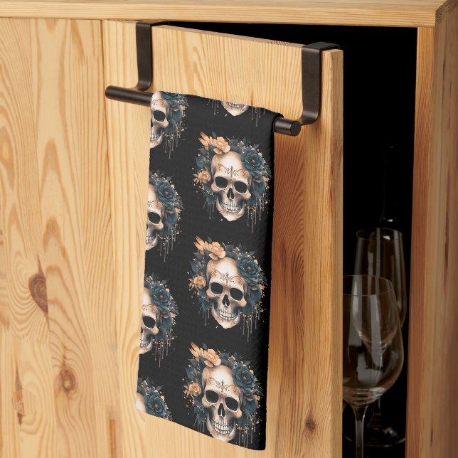 Skull Black and Gold Blume Muster Halloween Geschirrtuch (Drittel gefaltet)