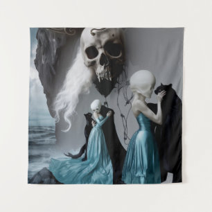 Skull Black Cat Shadow Work Occult Hexy AI Art Wandteppich