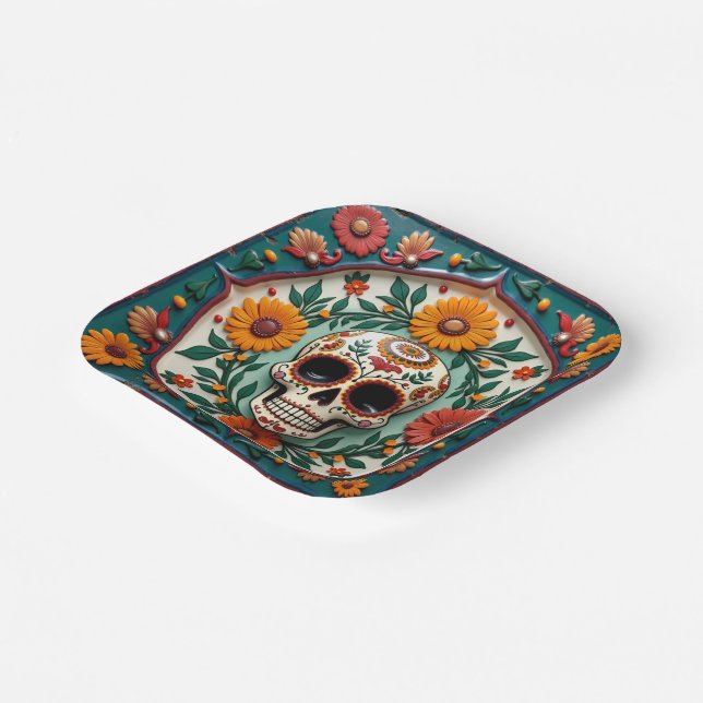 💀 🌹 Skull & Bloom Square Dia de los Muertos Fies Pappteller (Gewinkelt)