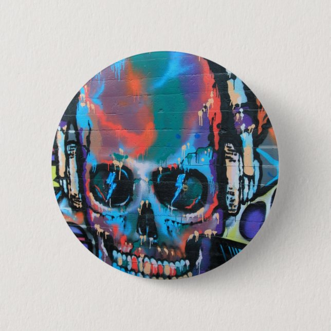 Skull, blue music Graffiti Street art, urban gow Button (Vorderseite)