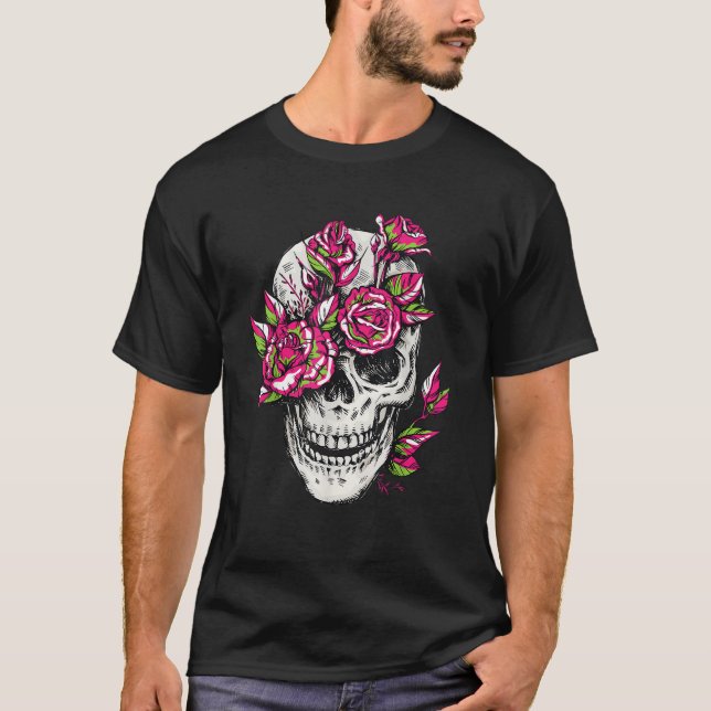 Skull Blume Blumenknochen Rose Skelett Cool Goth i T-Shirt (Vorderseite)