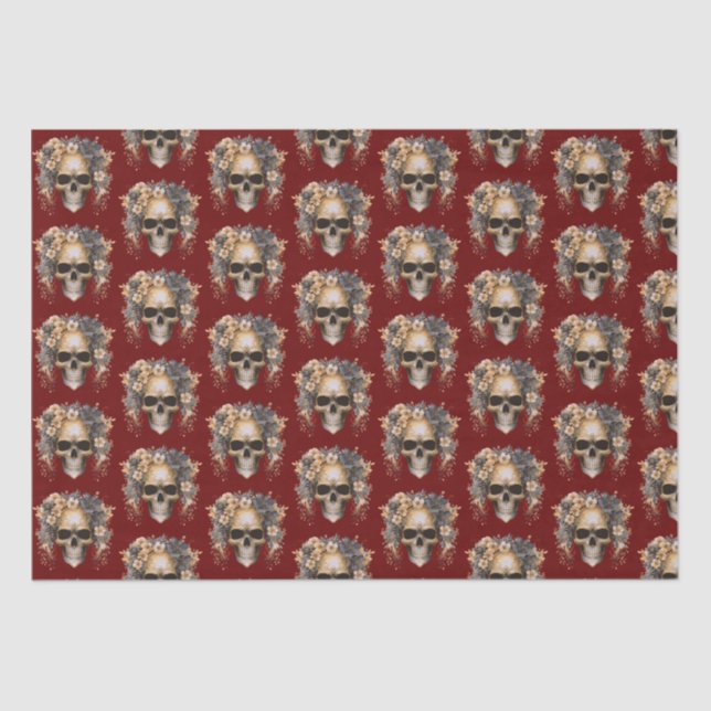 Skull Blume Burgundy Pattern Halloween Seidenpapier (Vorderseite)
