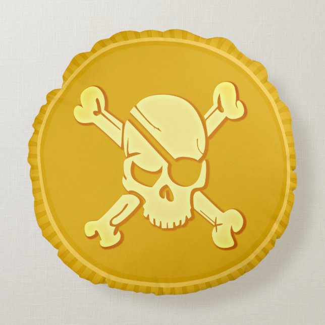 Skull & Bones Pirate Dubloon Coin Treasure Rundes Kissen (Vorderseite)