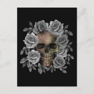 SKULL BOUQUET BLUME SCHWARZ UND WEISS POSTKARTE