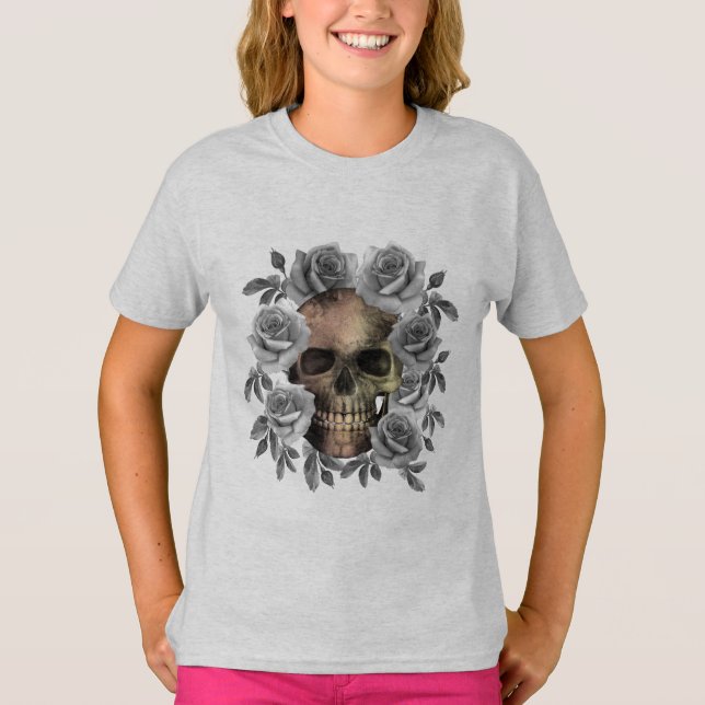 SKULL BOUQUET BLUME SCHWARZ UND WEISS T-Shirt (Vorderseite)