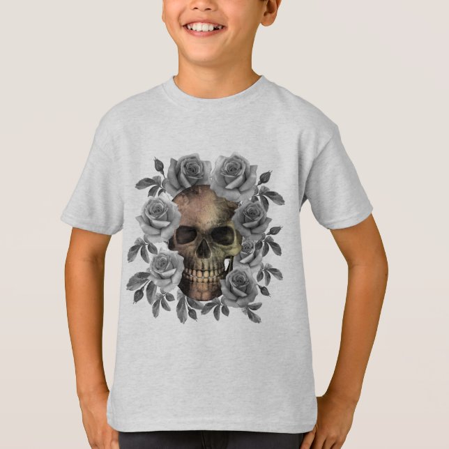 SKULL BOUQUET BLUME SCHWARZ UND WEISS T-Shirt (Vorderseite)