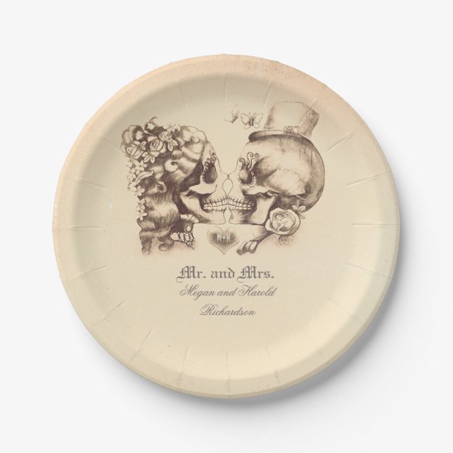 Skull Couple Gothic Wedding Old Pappteller (Vorderseite)