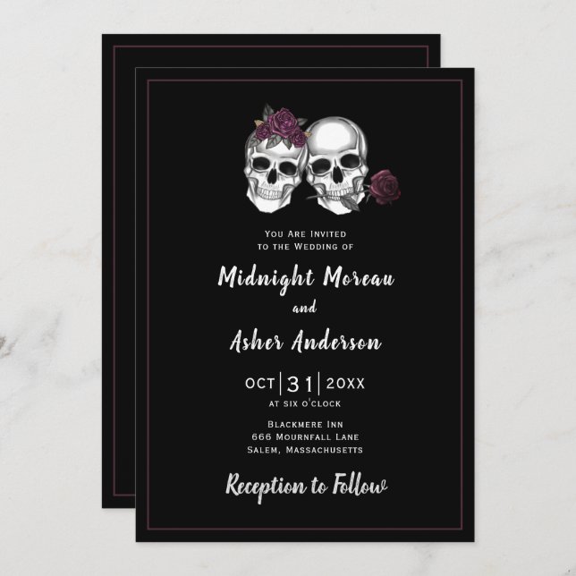 Skull Couple Roses Gothic Wedding Einladung (Vorne/Hinten)