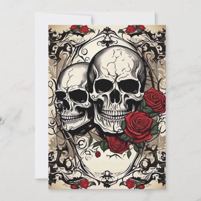 Skull Couple und Rose Gotische Elegance Hochzeit Einladung (Vorderseite)