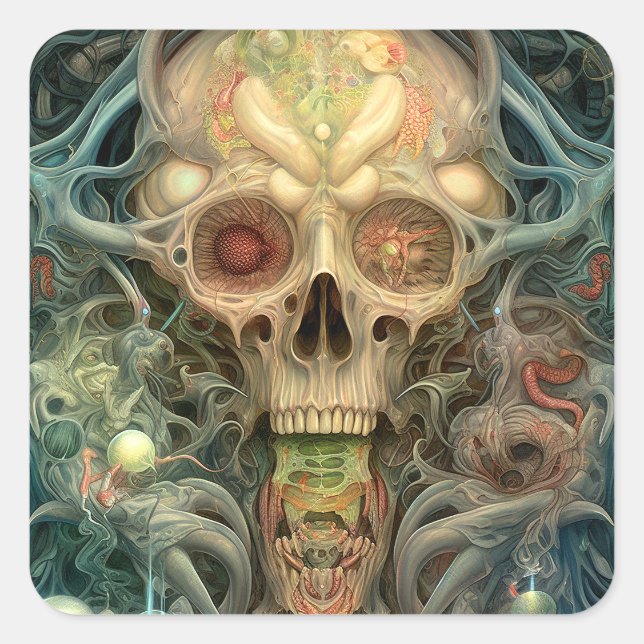 Skull Creepy Surreal Horror Art Quadratischer Aufkleber (Vorderseite)