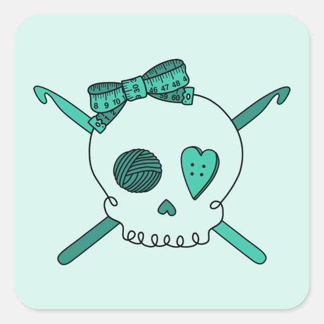 Skull & Crochet Hooks (türkisfarbener Hintergrund) Quadratischer Aufkleber (Vorderseite)