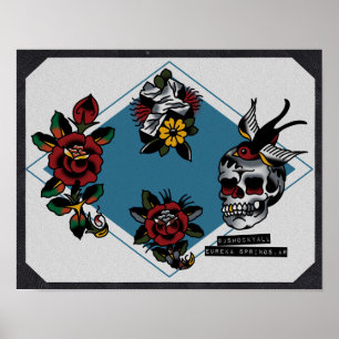 Skull Cross und Rose Traditioneller Tattoo Flash Poster