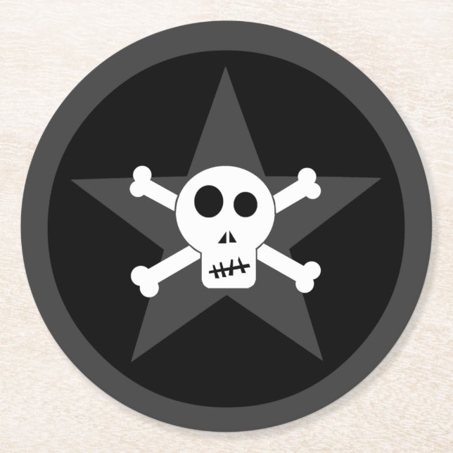 + Skull & Crossbone mit Star + Round Paper Coaste Runder Pappuntersetzer (Vorderseite)