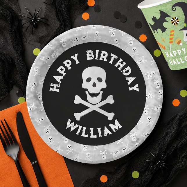 Skull Crossbones Halloween Geburtstagsplatte Pappteller (Skull & Bones Birthday Paper Plate)